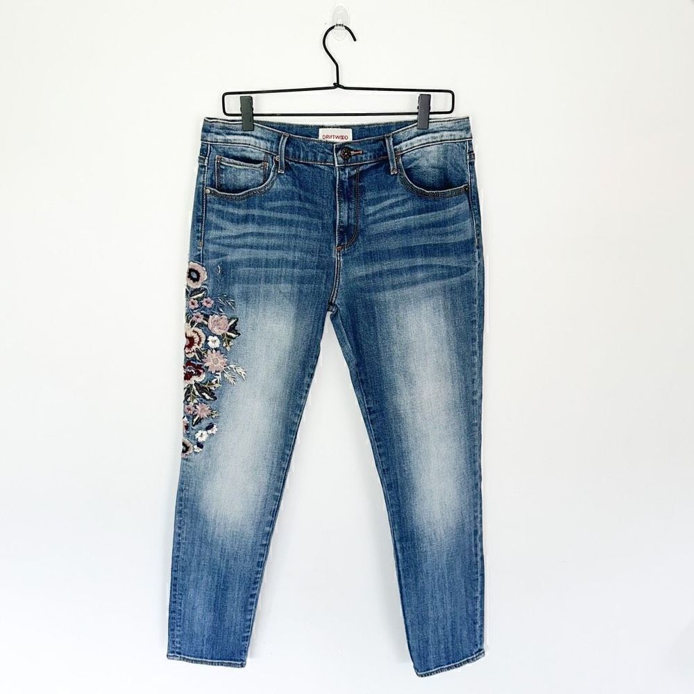 Driftwood Women’s Boho High Waisted Floral Embroidered Slim Leg Medium Wash Jean